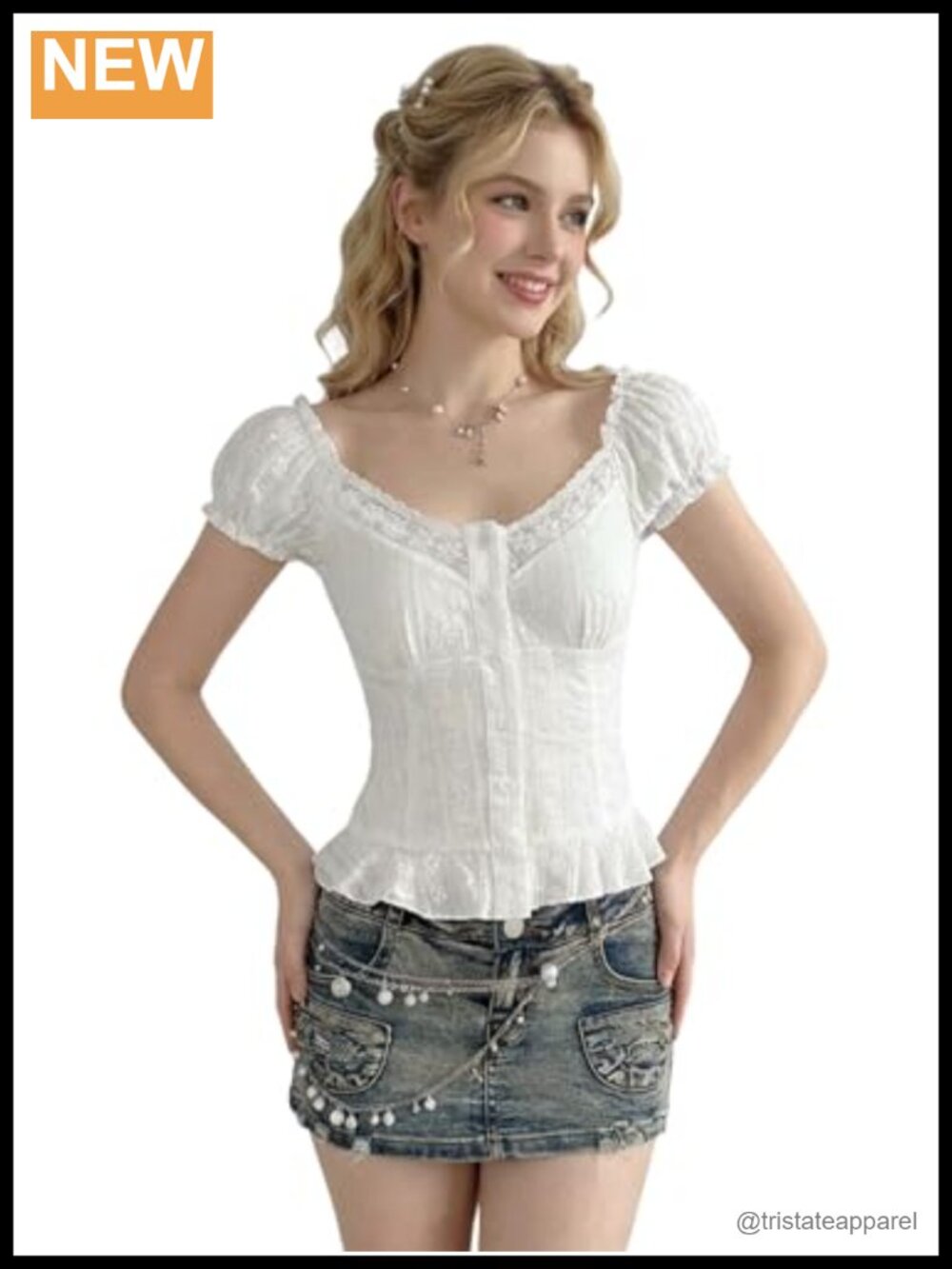 Women's Y2K Lace Embroidered Peplum Button Down Blouse Short Sleeve
